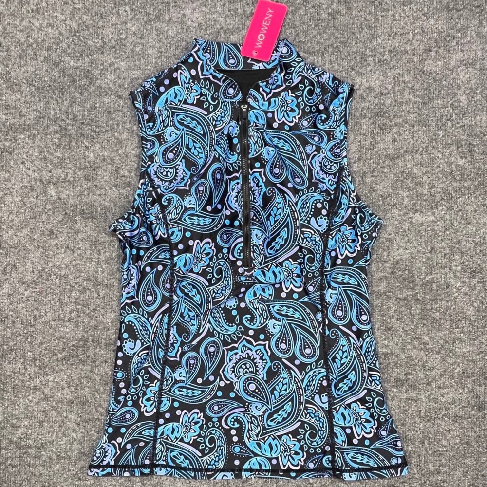 NWT Woweny Swim Top Women S Blue Paisley Half Zip Sleeveless Rash Guard Tankini